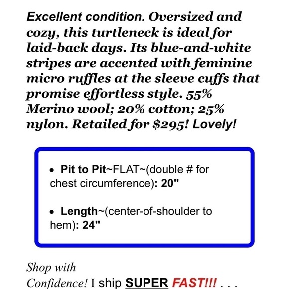 $295 Rebecca Taylor Women Sz XS Navy Blue Striped Merino Wool Turtleneck Sweater - Picture 2 of 13